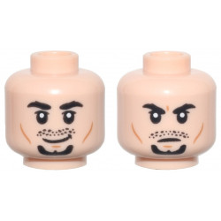 Minifigure, Head Dual Sided Black Thick Eyebrows, Upper Eyelids, Moustache Stubble, and Goatee, Medium Nougat Cheek Lines and Chin Dimple, Lopsided Grin / Scowl Pattern: {светло нуга}