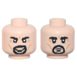 Minifigure, Head Dual Sided Black Bushy Eyebrows, Moustache, Soul Patch, and Goatee, Medium Nougat Cheek Lines and Wrinkles, Evil Open Mouth Smile with Tan Teeth / Frown Pattern: {светло нуга}