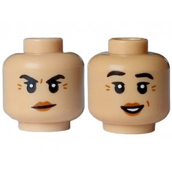 Minifigure, Head Dual Sided Female Black Eyebrows Raised, Dark Orange Wrinkles and Lips, Mouth Closed Angry / Open Smile with White Teeth Pattern: {умерен тан}