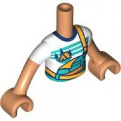 Torso Mini Doll Girl Dark Turquoise and Bright Light Orange Overalls over White T-Shirt with Orange Tent and Dark Blue Trees Pattern, Nougat Arms with Hands with White Short Sleeves: {нуга}