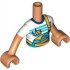 Torso Mini Doll Girl Dark Turquoise and Bright Light Orange Overalls over White T-Shirt with Orange Tent and Dark Blue Trees Pattern, Nougat Arms with Hands with White Short Sleeves: {нуга}