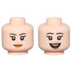 Minifigure, Head Dual Sided Female, Thin Black Eyebrows, Long Eyelashes, Medium Nougat Lips, Closed Mouth Smile / Open Mouth Smile Pattern - Vented Stud: {светло нуга}