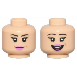 Minifigure, Head Dual Sided Female, Thin Black Eyebrows, Long Eyelashes, Dimple, Dark Pink Lips, Closed Mouth Smile / Open Mouth Smile Pattern - Vented Stud: {умерен тан}