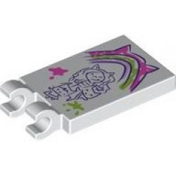 Tile, Modified 2 x 3 with 2 Open O Clips with Dark Purple Drawing of Gabby and Kittens, Dark Pink, Lavender and Lime Rainbow with Cat Ears Painting and Paint Splotches Pattern: {бял}