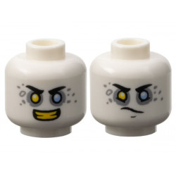 Minifigure, Head Dual Sided Black Eyebrows, Yellow Right Eye, Bright Light Blue Left Eye, Light Bluish Gray Eye Shadow and Spots, Open Mouth Smile with Teeth / Determined Pattern: {бял}