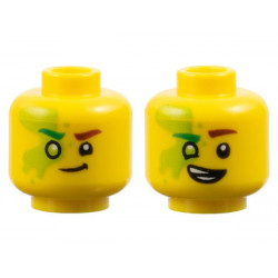 Minifigure, Head Dual Sided Reddish Brown Eyebrow Left, Bright Green Eyebrow Right, Lime Eye and Slime, Smirk / Lopsided Open Mouth Smile with Teeth Parted Pattern: {ярко жълт}