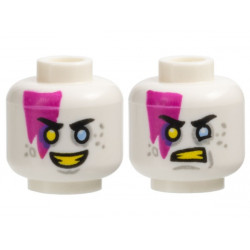 Minifigure, Head Dual Sided Black Eyebrows, Magenta Marking, Light Bluish Gray Spots, Bright Light Blue Eye Left, Yellow Eye Right and Teeth, Smile / Scowl Pattern: {бял}