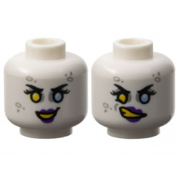 Minifigure, Head Dual Sided Female Black Eyebrows, Eyelashes, Yellow Right Eye, Bright Light Blue Left Eye, Light Bluish Gray Eye Shadow and Spots, Dark Purple Lips, Open Mouth Smile with Teeth / Lopsided Scowl Pattern: {бял}