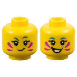 Minifigure, Head Dual Sided Female Blue Eyebrows, Black Eyelashes, Magenta Face Paint, Metallic Light Blue Dots, Lopsided Grin / Open Mouth Smile with Teeth Pattern: {ярко жълт}