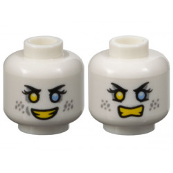 Minifigure, Head Dual Sided Female Black Eyebrows, Eyelashes, Yellow Right Eye, Bright Light Blue Left Eye, Light Bluish Gray Eye Shadow and Spots, Open Mouth Smile with Teeth / Angry Bared Teeth Pattern: {бял}
