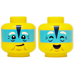 Minifigure, Head Dual Sided White Eyebrows, Medium Azure Band, Black Triangle, Crow's Feet, Chin Dimple, Wrinkles, Lopsided Grin / Closed Eyes, Open Mouth Smile Pattern: {ярко жълт}