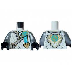 Torso Tunic with Light Bluish Gray Hems, Gold Trim, Light Aqua Shirt, Ninjago Logogram 'MOI', Medium Azure Letter Z in Dragon Head on Back Pattern / Flat Silver Arms / Black Hands: {бял}