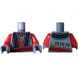 Torso Vest Open with Black Trim with Filigree over Red Shirt, Silver Chain Necklace with Dragon Head, Dark Red and Copper Belt and 3 Potion Bottles, Diamonds and Dots on Back Pattern / Red Arms / Dark Bluish Gray Hands: {тъмно каменно сив}