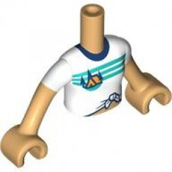 Torso Mini Doll Girl White Knotted T-Shirt with Orange Tent and Dark Blue Trees, Dark Turquoise Sky Stripes and Ground Pattern, Medium Tan Arms with Hands with White Short Sleeves: {умерен тан}