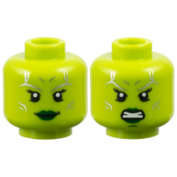 Minifigure, Head Dual Sided Alien Female with Silver Tattoos, Black Eyelashes, Dark Green Lips, Grin / Angry Bared Teeth and Chin Dimple Pattern: {ярко жълто-зелен}