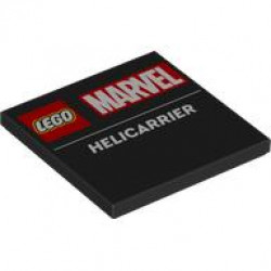 Tile 4 x 4 with Red LEGO Marvel Logo and White 'HELICARRIER' Pattern: {черен}