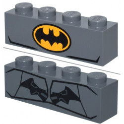 Brick 1 x 4 with Bat on Bright Light Orange Oval Batman Logo / Black and Silver with Lines Pattern (BrickHeadz Batman (The Animated Series / The Batman) Chest): {тъмно каменно сив}