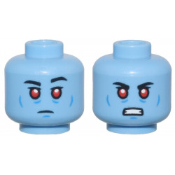 Minifigure, Head Dual Sided Thin Black Eyebrows, Upper Eyelids, Red Eyes, Blue Cheek Lines and Chin Dimple, Neutral / Angry Bared Teeth Pattern - Vented Stud: {умерено син}