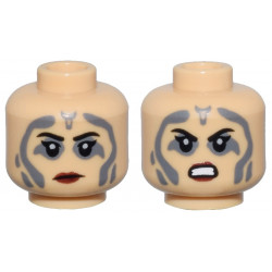 Minifigure, Head Dual Sided Female Black Eyebrows, Single Eyelashes, Dark Bluish Gray Tattoos, Dark Red Lips, Frown / Angry Bared Teeth Pattern - Vented Stud: {умерен тан}