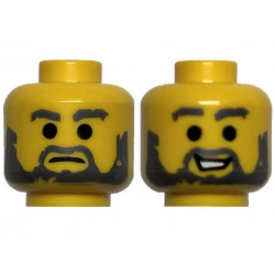 Minifigure, Head Dual Sided Dark Bluish Gray Eyebrows, Moustache and Beard, Simulated Wear, Frown / Open Mouth Smile with Teeth Pattern: {ярко жълт}