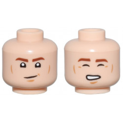 Minifigure, Head Dual Sided Reddish Brown Eyebrows, Medium Nougat Cheek Lines and Chin Dimple, Smirk / Closed Eyes and Open Mouth Smile with Teeth Pattern: {светло нуга}
