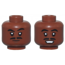 Minifigure, Head Dual Sided Black Eyebrows, Upper Eyelids, and Split Moustache, Dark Brown Chin Dimple, Neutral / Open Mouth Smile with Teeth Pattern: {червеникаво-кафяв}