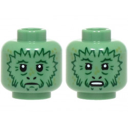 Minifigure, Head Dual Sided Alien with Dark Green Wrinkles and Zigzag Contours, Olive Green Spots, Frown / Surprised Open Mouth with Teeth Pattern: {пясъчно зелен}