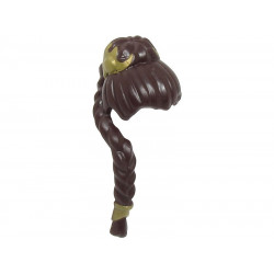 Minifigure, Hair Female Ponytail with Top Knot Bun and Long Thin Braid over Right Shoulder with Gold Hair Clips Pattern - Flexible Rubber: {тъмно кафяв}