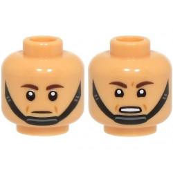 Minifigure, Head Dual Sided Dark Brown Eyebrows, Black Chin Strap, Medium Nougat Cheek Lines, Neutral / Scared Open Mouth with Teeth Pattern: {умерен тан}