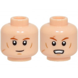 Minifigure, Head Dual Sided Dark Orange Eyebrows, Medium Nougat Cheek Lines, Chin Dimple, Scars, Grin / Scared Open Mouth with Teeth Pattern: {светло нуга}
