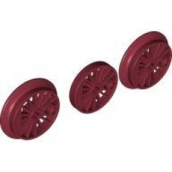 Train Wheel RC, Spoked with Technic Axle Hole and Counterweight, Blind and Flanged Driver, 3 in Bag (Multipack): {нов тъмно червен}