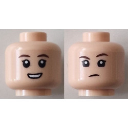 Minifigure, Head Dual Sided Child Female Dark Brown Eyebrows, Open Mouth Smile with Teeth / Determined Frown Pattern: {светло нуга}