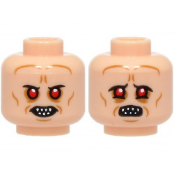 Minifigure, Head Dual Sided Alien with Red Eyes, Bared Pointed Teeth, Medium Nougat Wrinkles, Neutral / Frown with Wide Open Mouth Pattern: {светло нуга}