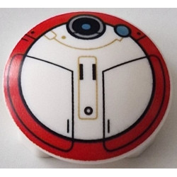 Plate, Round 2 x 2 with Rounded Bottom (Boat Stud) with SW L0-LA59 Droid (Lola) with Black Lines and Red Circle Border Pattern: {бял}