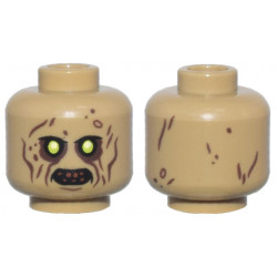 Minifigure, Head Alien Zombie Upper Eyelids, Lime Eyes, Dark Brown Eye Shadow, Cheek Lines, Wrinkles, and Spots, Reddish Brown Bared Teeth Pattern - Vented Stud: {пясъчно жълт}