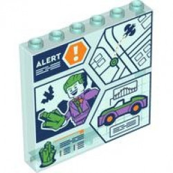 Panel 1 x 6 x 5 with Control Screen with 'ALERT', Orange Warning Sign, City Map, Dark Blue Batwing, Joker Minifigure, Rock Crystal and Car Pattern: {прозрачно светло син}
