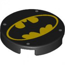 Tile, Round 2 x 2 with Bottom Stud Holder with Bat on Yellow Oval Batman Logo and 4 Silver Dots Pattern: {черен}