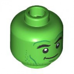 Minifigure, Head Dual Sided Black Bushy Eyebrows, Dark Green Chin Dimple, Green Cheek Lines, Stubble and Wrinkles, Lopsided Grin / Angry Bared Teeth Pattern: {ярко зелен}