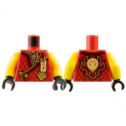 Torso Tunic with Dark Red Hems, Gold Trim, Dark Tan Shirt, Ninjago Logogram 'MOF', Letter K on Back Pattern / Yellow Arms / Black Hands: {ярко червен}