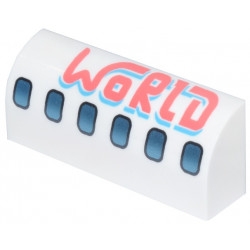 Slope, Curved 1 x 4 x 1 1/3 with Dark Silver and Metallic Light Blue Airplane Windows, Coral and Medium Azure 'WORLD' Pattern: {бял}