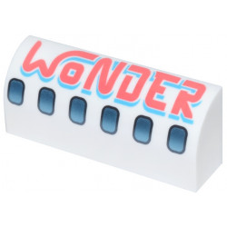 Slope, Curved 1 x 4 x 1 1/3 with Dark Silver and Metallic Light Blue Airplane Windows, Coral and Medium Azure 'WONDER' Pattern: {бял}