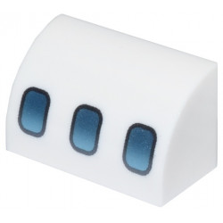 Slope, Curved 1 x 2 with Bottom Stud Holder with Dark Silver and Metallic Light Blue Airplane Windows Pattern: {бял}