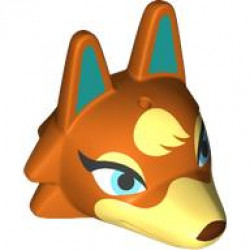 Minifigure, Head, Modified Wolf with Pointed Ears with Molded Bright Light Yellow Face and Printed Dark Turquoise Auricles, Bright Pink and Medium Azure Eyes, and Reddish Brown Nose Pattern: {червеникаво-оранжев}