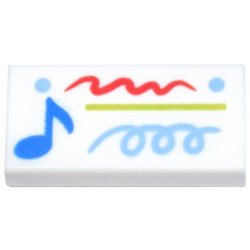 Tile 1 x 2 with Blue Music Note, Lime Line, Medium Blue Dots and Spiral, Red Scribble Pattern: {бял}