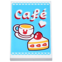 Tile 2 x 3 with Medium Azure Sign with Red, White and Yellow Coffee Cup, Cake, Heart and 'Café' (Cafe) Pattern: {бял}