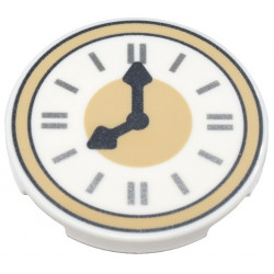 Tile, Round 3 x 3 with Clock Face with Tan Border, Dark Silver Hands, and Silver Time Indicators Pattern: {бял}