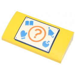 Slope, Curved 2 x 4 x 2/3 with Bottom Tubes with White Sign, Orange Question Mark, Dark Azure Book, Umbrella, Mitten, and Apple Pattern (Animal Crossing Recycle Bin): {ярко жълт}