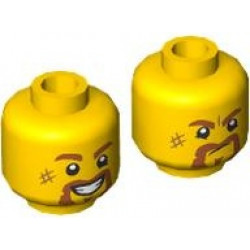 Minifigure, Head Dual Sided Dark Orange Eyebrows, Moustache and Soul Patch, Scuff Mark, Open Mouth Smile with Teeth / Angry Pattern: {ярко жълт}