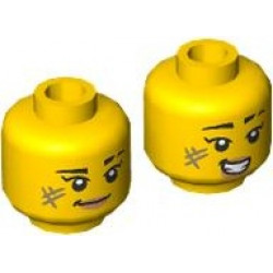 Minifigure, Head Dual Sided Female Black Eyebrows, Scar, Olive Green Scuff Mark, Nougat Lips, Lopsided Grin / Open Mouth Smile with Teeth Pattern: {ярко жълт}