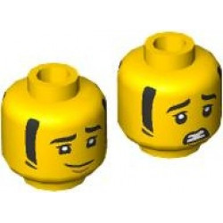 Minifigure, Head Dual Sided Black Eyebrows and Sideburns, Medium Nougat Chin Dimple, Lopsided Grin / Scared Open Mouth with Teeth Pattern: {ярко жълт}